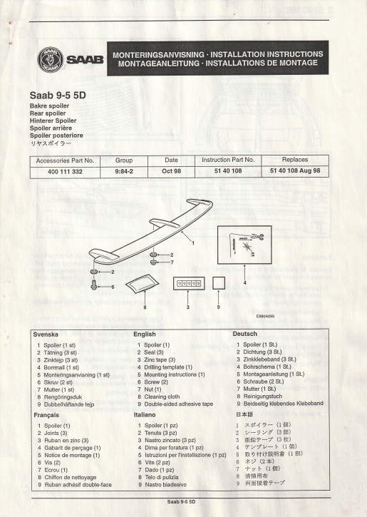 INSTALLATIONS INSTRUCTIONS DRILLING TEMPLATE SPOILER 9-5